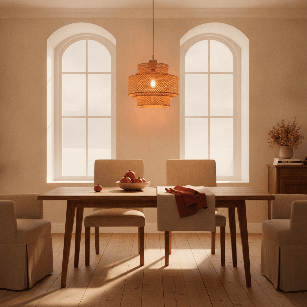 Suspension design au-dessus d\'une table à manger dans un salon chaleureux